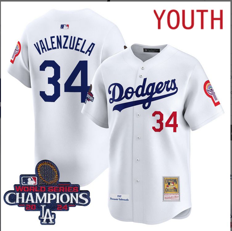 Youth MLB Los Angeles Dodgers #34 Valenzuela white 2024 World Series Champions Patch Cooperstown Jersey ->youth mlb jersey->Youth Jersey